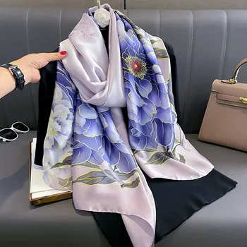 Custom-Made Muslim Hijabs Purple Flower Printed Silk Head Scarf Beach Shawls Soft Thin Scarves for Women Luxury 180