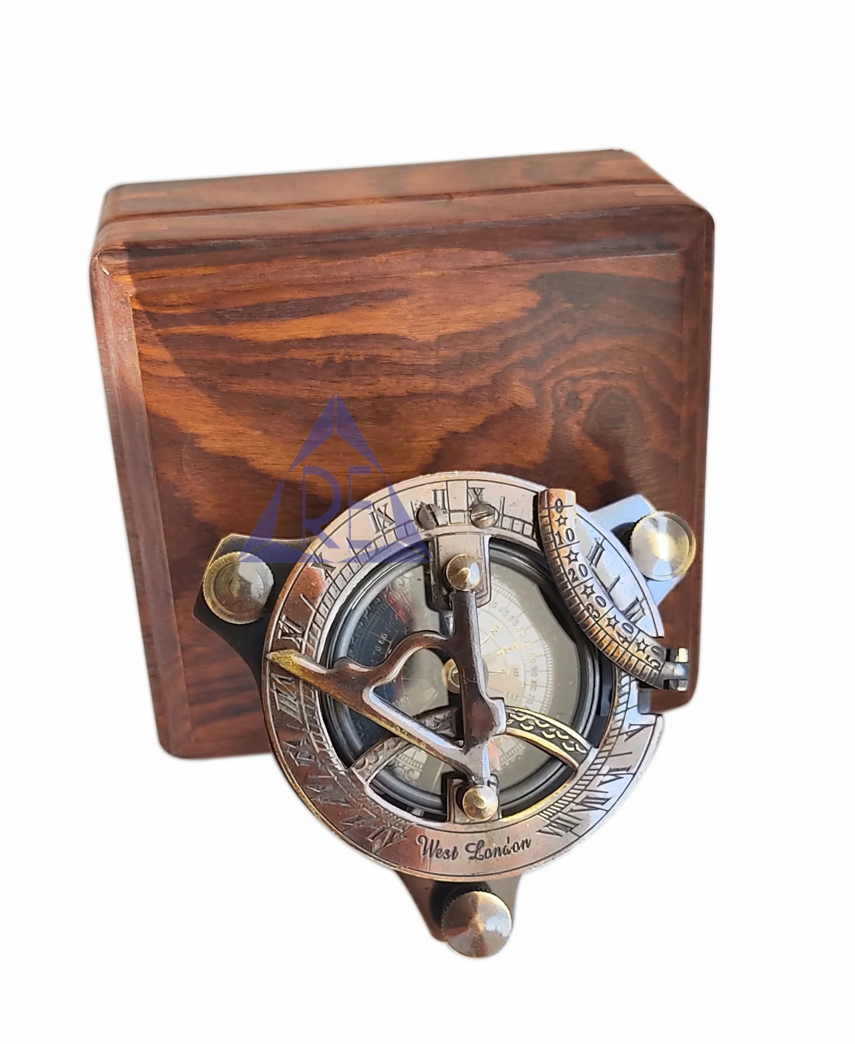 Solid Brass Captains Triangle Antique 3 Inch Sundial Compass With Wooden Box West London 6061