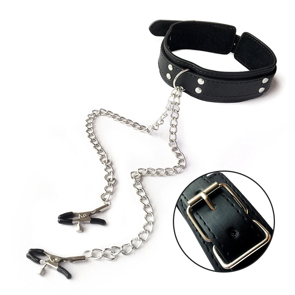 Collier Pince à Seins (mamelon) Cuir - Choker Réglable - Jouet Sexuel Couple - Neuf