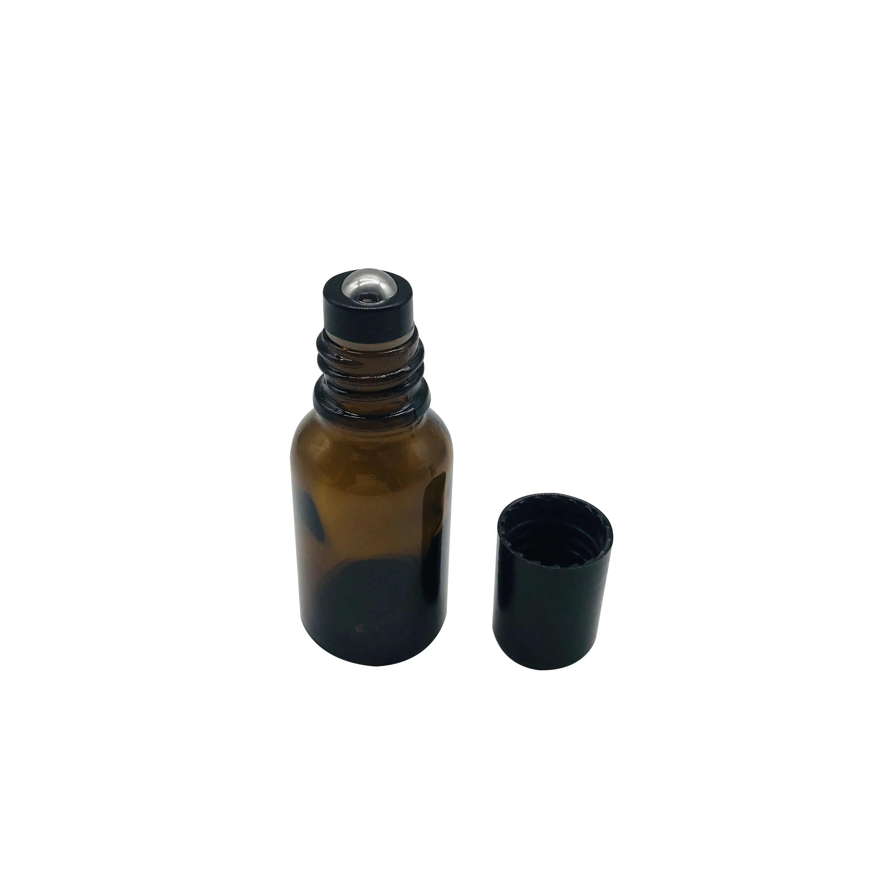 Botella de desodorante con bola de acero inoxidable en forma de roll-on de vidrio ámbar para perfumes con aceites esenciales de 5 ml, 10 ml y 15 ml