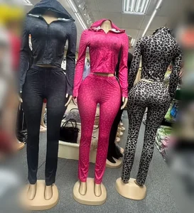Viviblook Z1210ST04 Winter Outfits New Women's Set Hooded Leopard Print Long Sleeved Sports Slim Fit Pants Two Piece Set