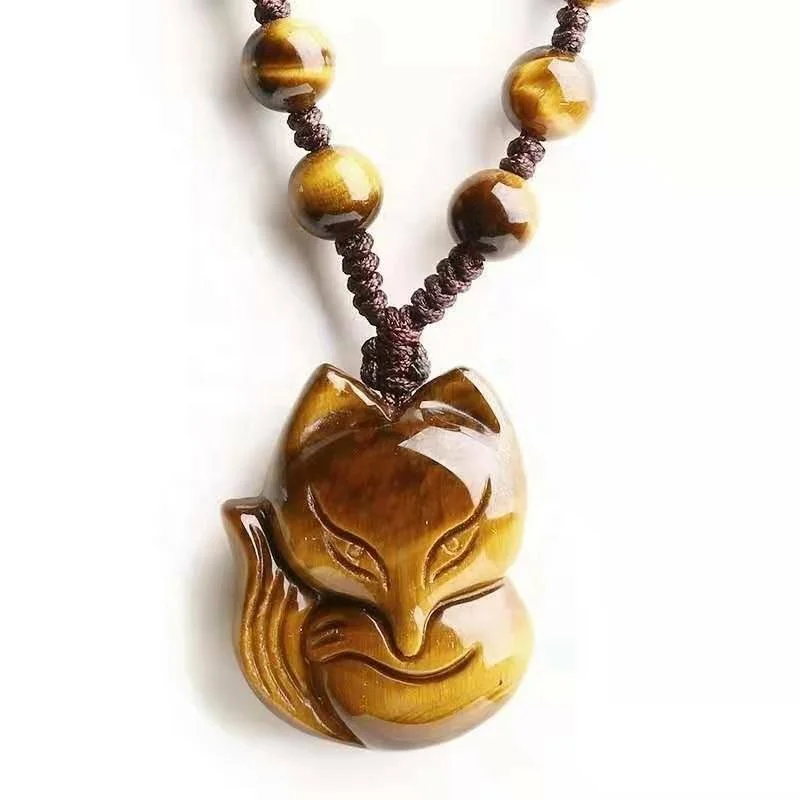Fox Head Pendant Natural Gemstone Tigers Eye Healing Crystal Carved Necklace 