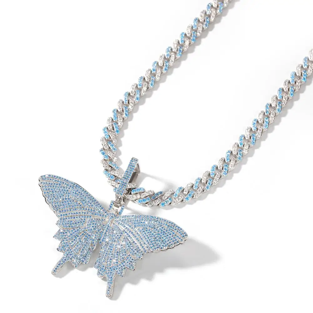 Blue Butterfly Rapper Pendant Cuban Chain Bling Jewelry