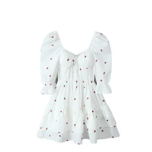 ZA 2026 Summer Fashion Women's Casual Square Collar Dress Sweet and Simple Strawberry Pattern Long-Sleeved and Short Length