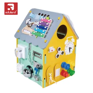 EDULAND Montessori Early Education Busy Block Unlock Switch Multifunctional Wooden Pyramid Busy House Educational Toys