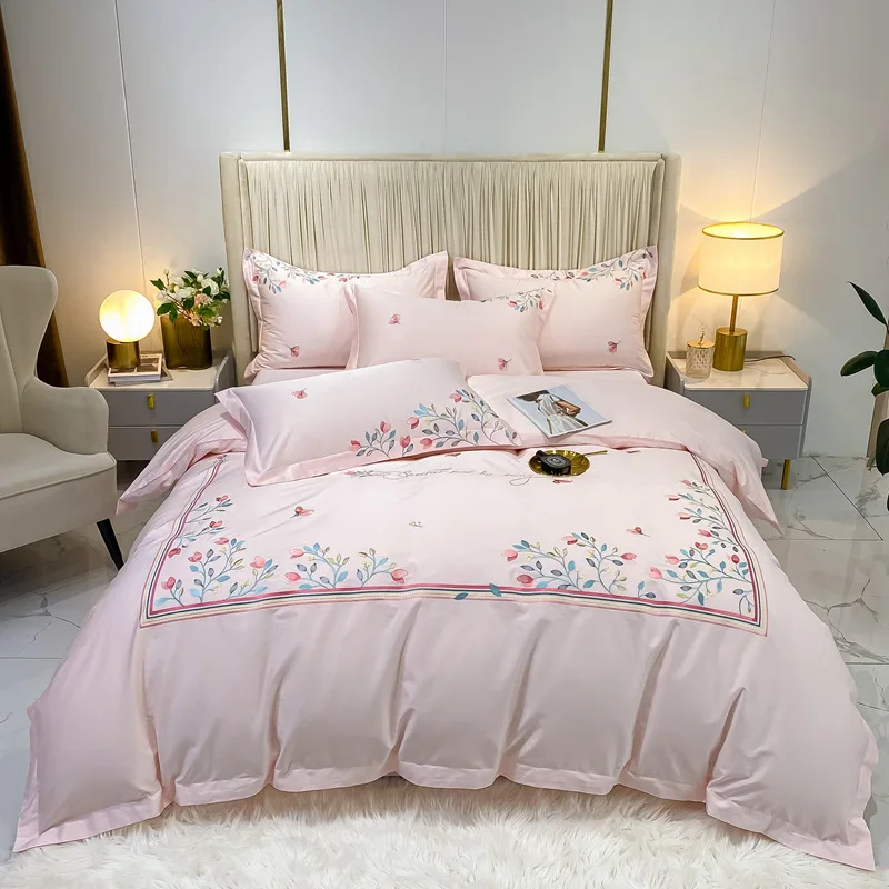 Modern High-End 180 Yarn Count Long Staple Cotton Quilt Cover Set Four-Piece Bedding Set with Plant Flower Embroidery Sheet details