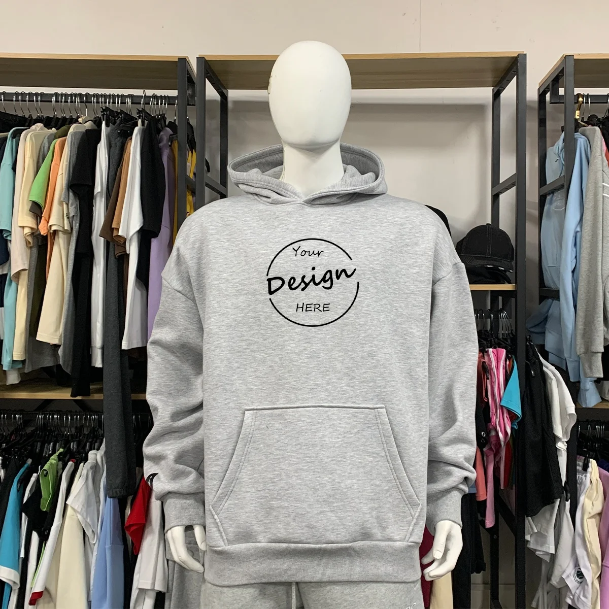 JL528B Wholesale 100% Cotton Gray Bulk Men Heavy Thick Fleece Plain Puff Printing Men Hoodies