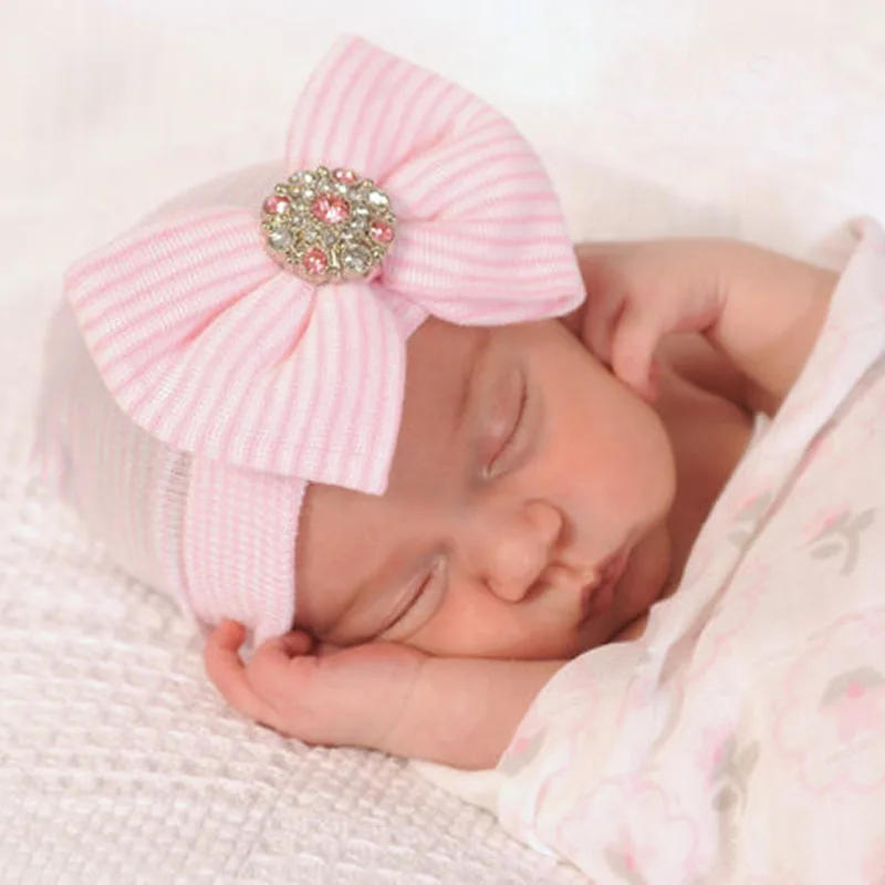 US Newborn Pink for Baby Infant Girl Boy Bowknot Diomand Hospital Cap Beanie Hat 