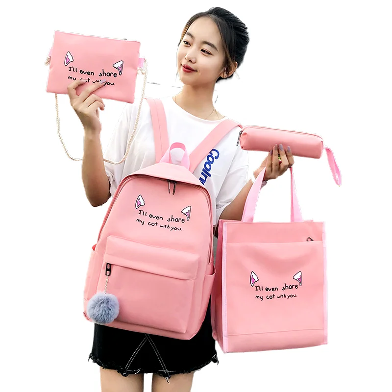 2025 Fashion Trend High Quality Girl Backpack School Bag Student Set Cute  College 4-piece Canvas Polyester Cartoon