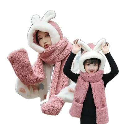 Winter hooded one parent-child cute rabbit ears warm thick plush child adult parenting scarf gloves hat three-piece set