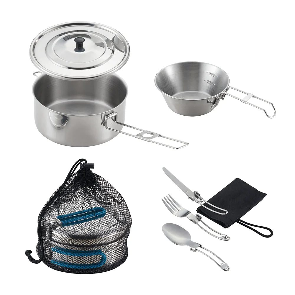 Customized Lightweight Mess Kit Outdoor Camping Stainless Steel Camping Pot Cookware Set For Outdoor