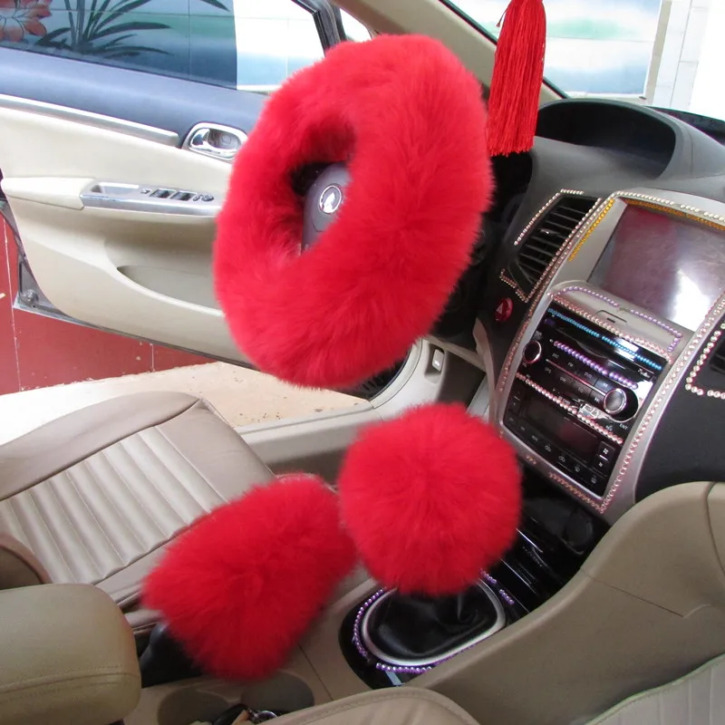 795C 3pcs/Set Car Steering Wheel Cover Sets Spring Fur Handle Auto Pillow 