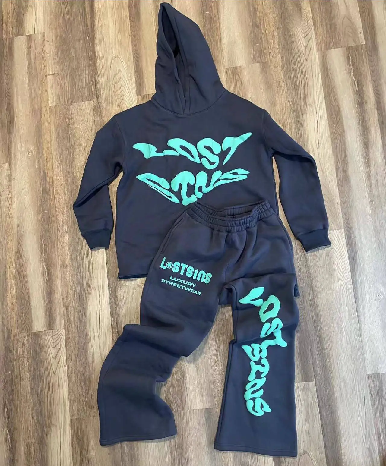 Raw Hem Hoodies and Flared Stacked Sweatpants Two Piece Tracksuit Set Custom Cotton 3D Puff Print Women Unisex Sweatsuit Men gallery 7
