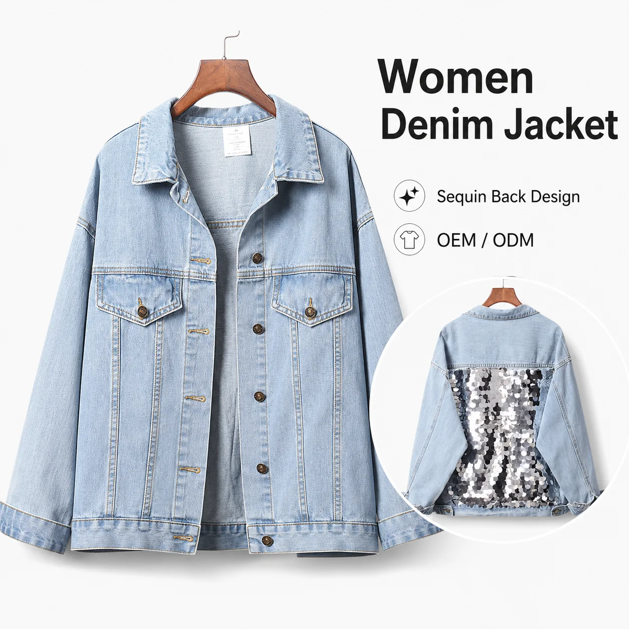 Custom Women's Oversized Vintage Denim Jacket Long Sleeve Cropped Coat with Fringe Sequin Embroidered Design