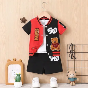 2026 New Arrival Summer Casual Boys Clothing Sets Short Sleeves Cartoon Bear Jacket Cost Shorts 2 Pieces Toddler Outfits