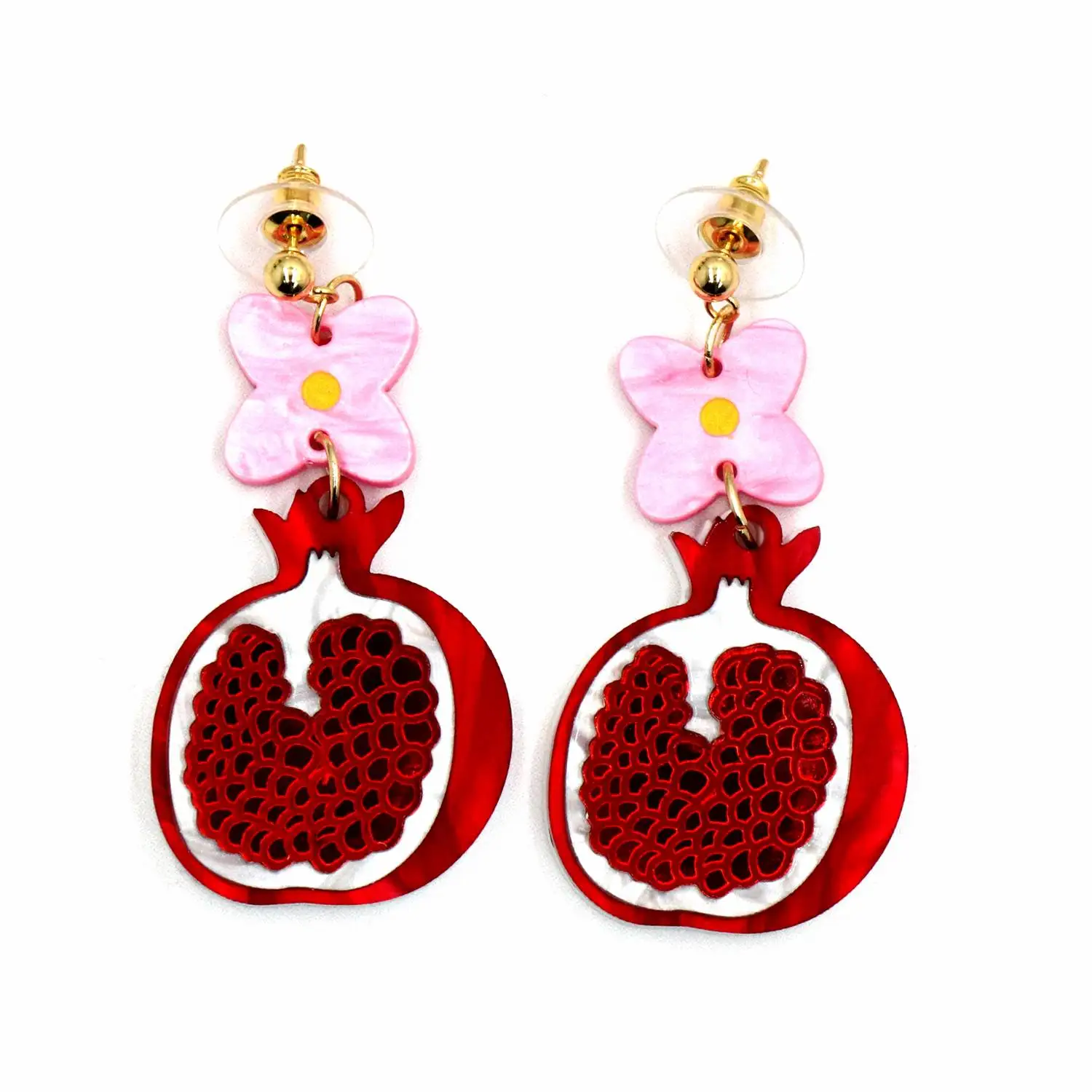 YCXER2521 Drop Earrings 2mm White Bottom and Red Upper Marble White Red Mirror Carving Pomegranate Marble Powder Coloring