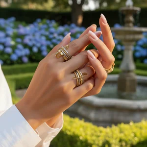 MW Ladies Classic Wind Ring18K Gold-Plated White Zircon Awn Star Hammer Twist Paper Clip Stacked Rings Stainless Steel