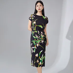 2025 High Quality Miyake Women's Casual Straight Dress Newest Printed Pleated Elastic Short Sleeve Woven Fabric Heat-Friendly