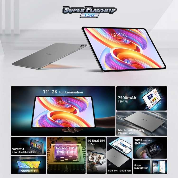 Teclast T50 4G LTE Tablet PC - 11 Inch, 8GB+128GB Android 11