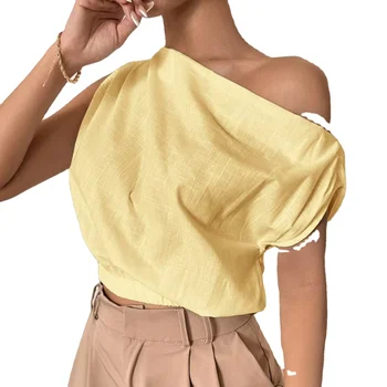 Europe and America Summer new style classy Woven plain color elastic band top