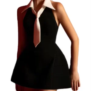 Women's Sexy Black Casual Dress Mini White Shirt Collar with Bow High Waist Backless Woven and Plain Dyed Sequined Decor