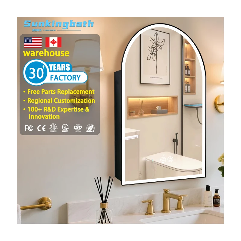 Modern Wall Mounted Arch Cabinet Mirror Anti-fog Adjustable Shelf Led Medicine Cabinet With Single Door for Bathroom