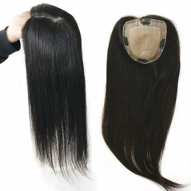 European Virgin Human Hair Topper Silk Top Skin Base Toupee with Clips Hair Piece Natural Black_voghion.com