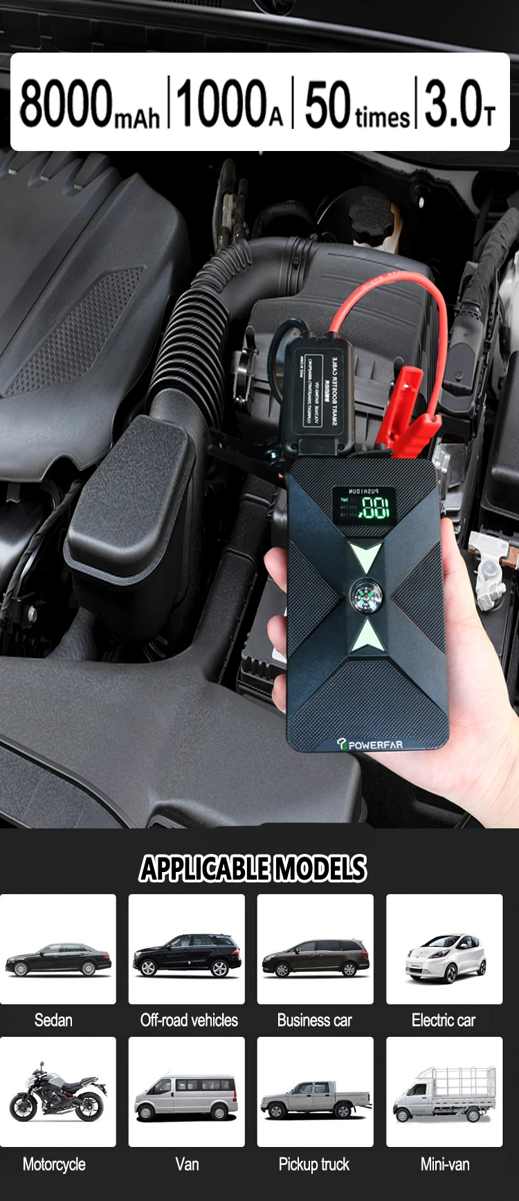 Jump Starter 8000mah 12v Car Jump Starter Auto Battery Booster Pack