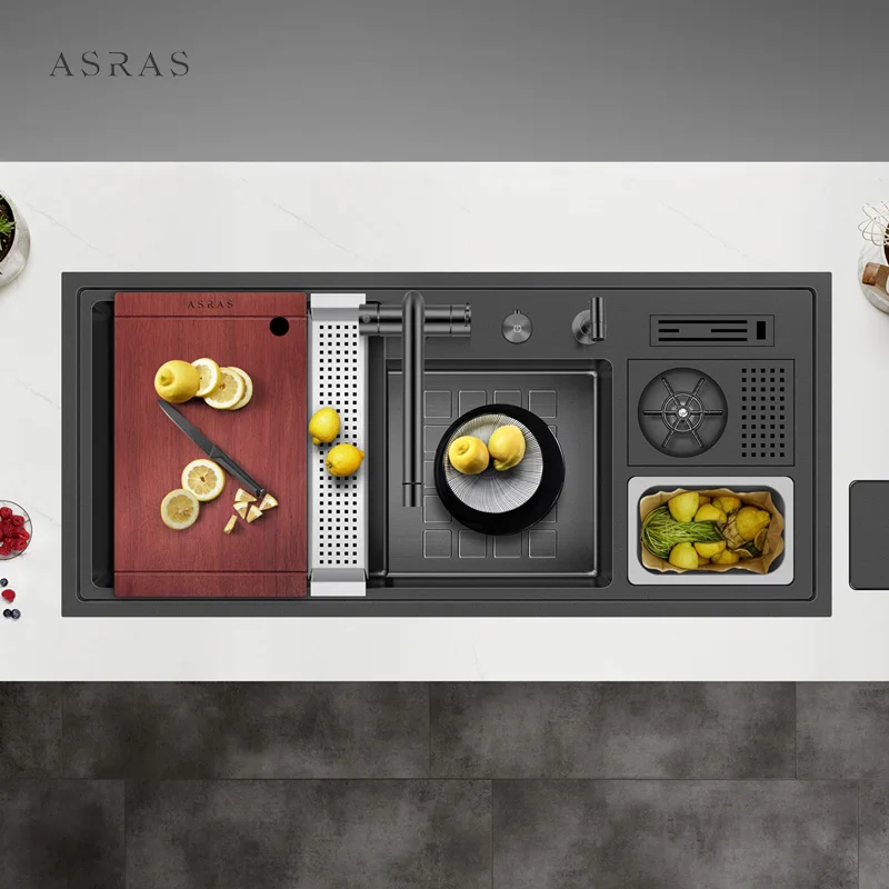 Asras SUS304 Nano Single Large Stepped Basin with Cup Washer with Drain Trash Can Model 10547NX Handmade Kitchen Sink