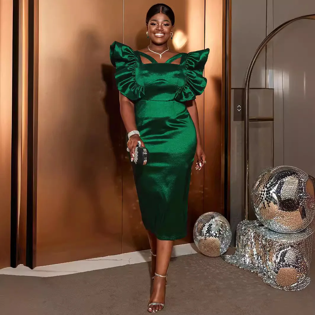 green bodycon dress midi Green Bandage Ruffles Elegant Sexy Midi Bodycon Dress White / M main image 1