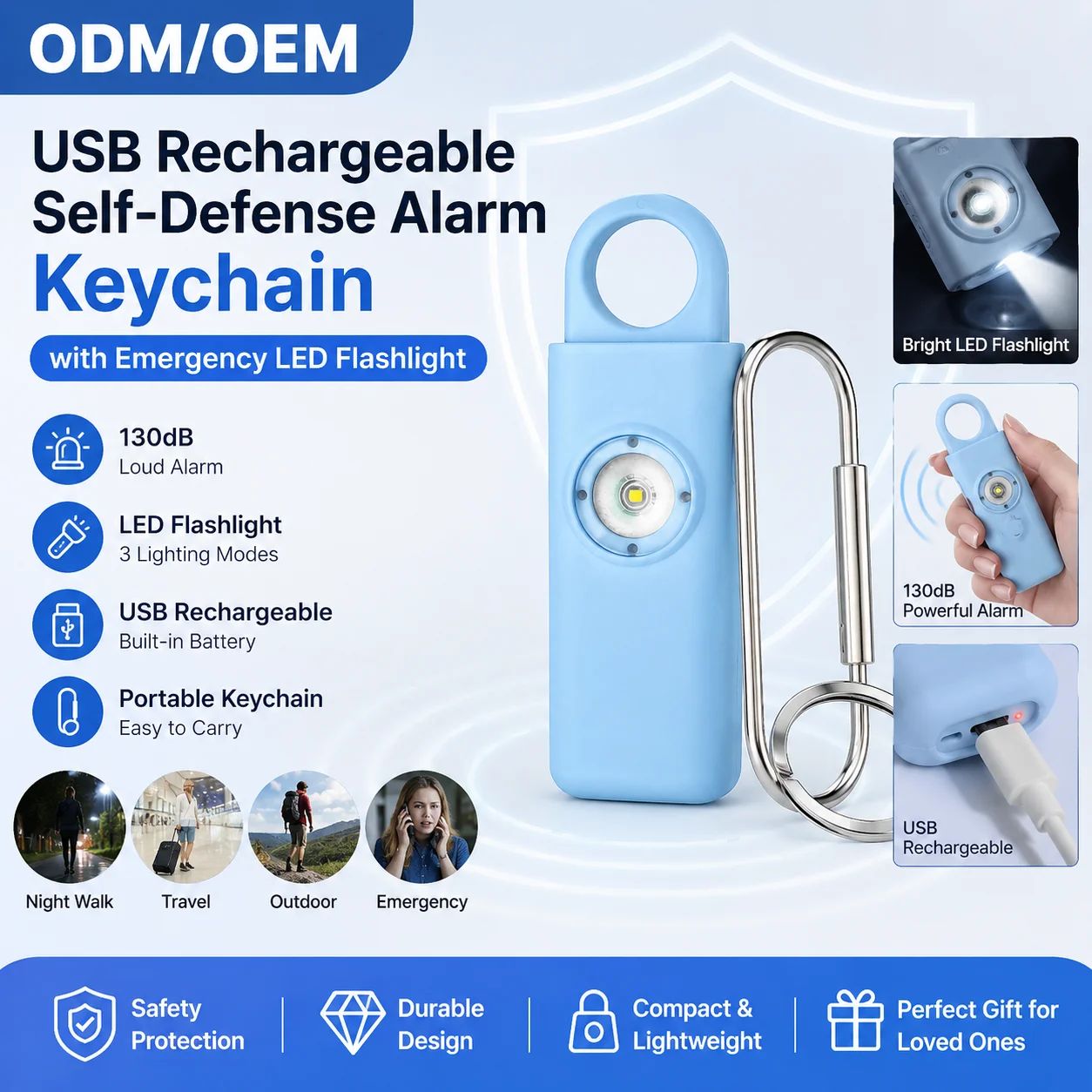 OEM ODM Rechargeable Personal Safety Alarm Keychain with LED Flashlight 130dB Self Defense Device Alarm for Women Kids Elderly