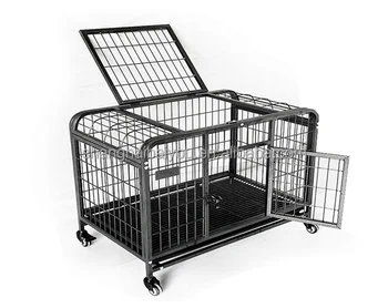 Indoor and Outdoor Heavy Duty Metal Dog Crate kennel with Removable Tray and Cover, 4 Locking Wheels
