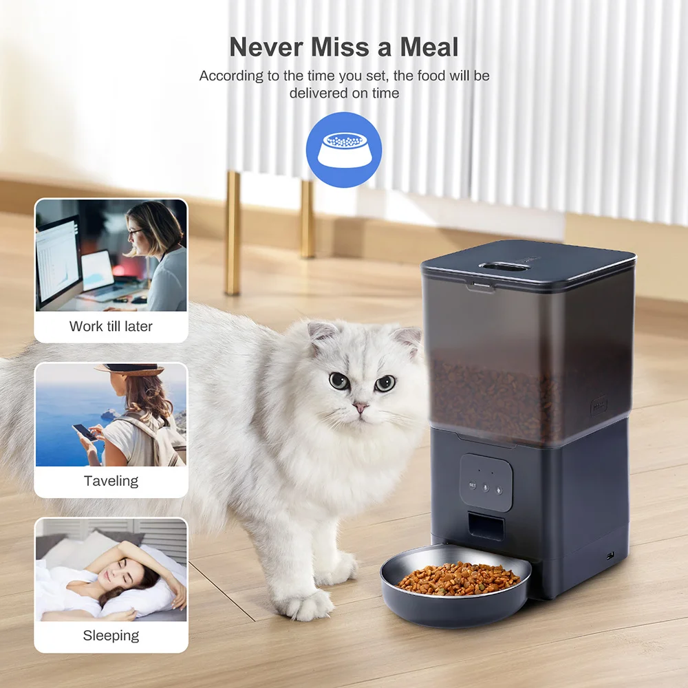 6L APP Controlled Smart Cat/Dog Food Dispenser Eco-Friendly Automatic Pet Feeder with Timing Voice Activation Made from Plastic