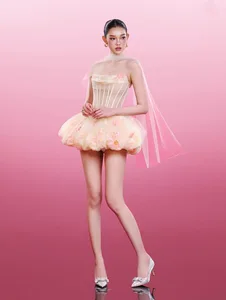 Bettergirl Vietnam Fashion fairy Pure Colorful Flower Party Short Dress 2026 New Pleated Tight Elegant Banquet Women Dress