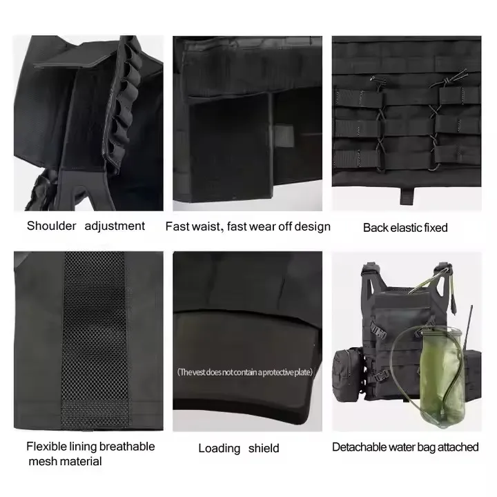 Black Leather Shoulder Molle Pouches Plate Carrier Training Tactical Vest with Water Bag 6