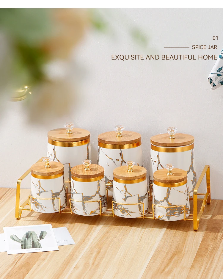 High quality Ceramic food storage jar with metal rack and lid Porcelain 7pcs condiment jar set factory