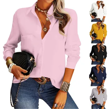 Women Botton Shirt Long Sleeve Casual Blouse Turn Down Collar Shirt Fashionable Office Lady Wear