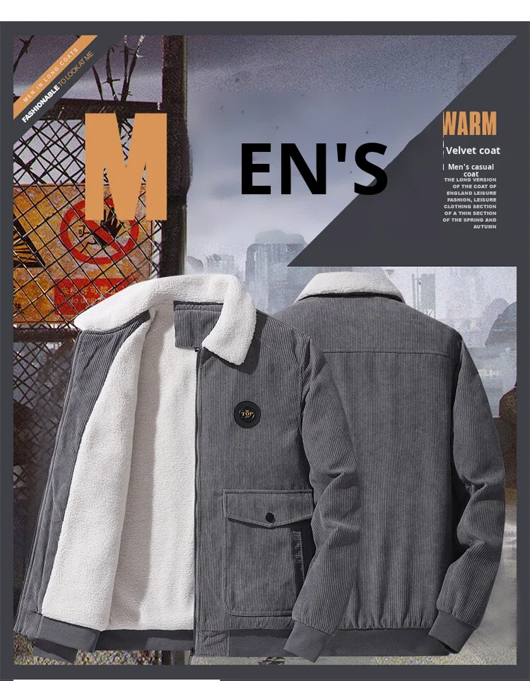 Corduroy Lamb Wool Bomber Jacket Men's Winter Loose Fleece Lined Thickened Casual Turn-Down Collar Streetwear Outerwear manufacture