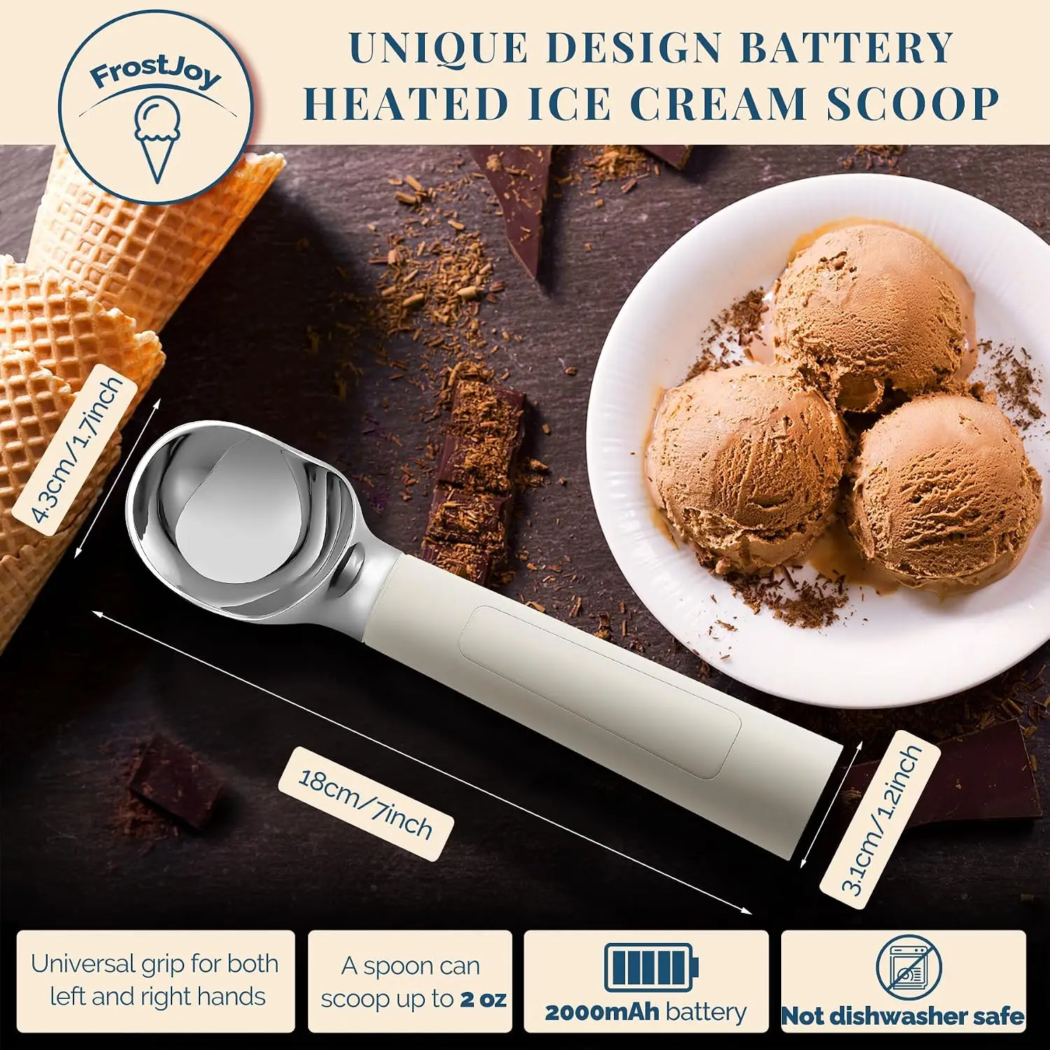 Rechargeable Electric Ice Cream Scooper Heated Self-Warming Rust-Proof Metal Spoon Easy Clean for Hard Ice Cream Eco-Friendly