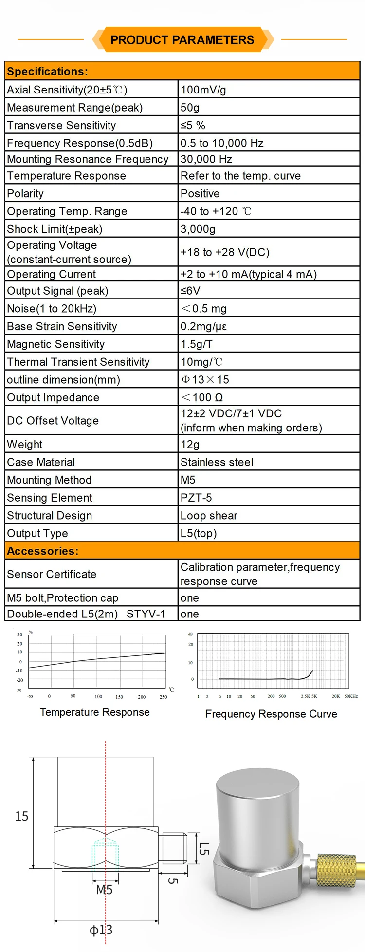 JSDEC0005B Factory Outlet Built-In IC Preamplifier Simplify Measurement System IEPE/ICP Type Stainless Steel Velocity Sensor details