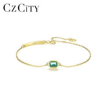 CZCITY Emerald Green 18K Gold Plated Chain Link 925 Silver Gemstone Crystal Adjustable Charm Bracelet