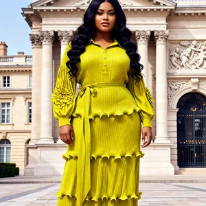 European American Miyake Oversized Casual Dress with Elegant Turned-Down Collar Pleated Design Front Logo for Large-Sized Women