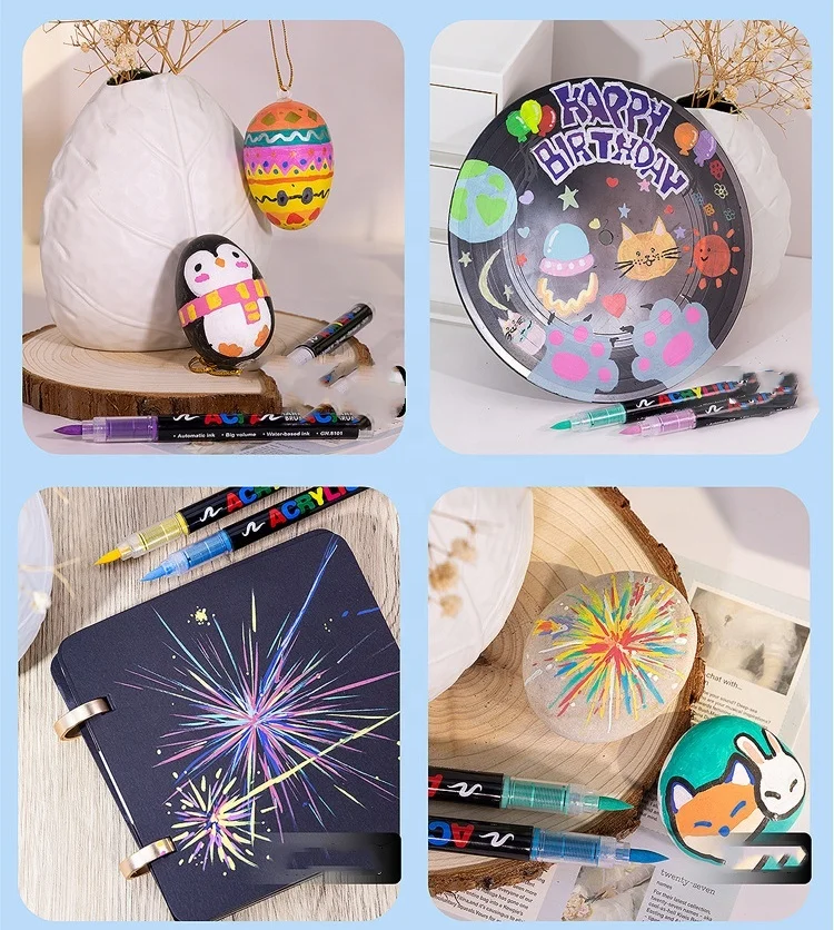 Automatic Ink Acrylic Marker 12 18 36 48 60 Color Soft Head Brush Student Art Diy Hand Drawing Doodle Pen Stationery Set