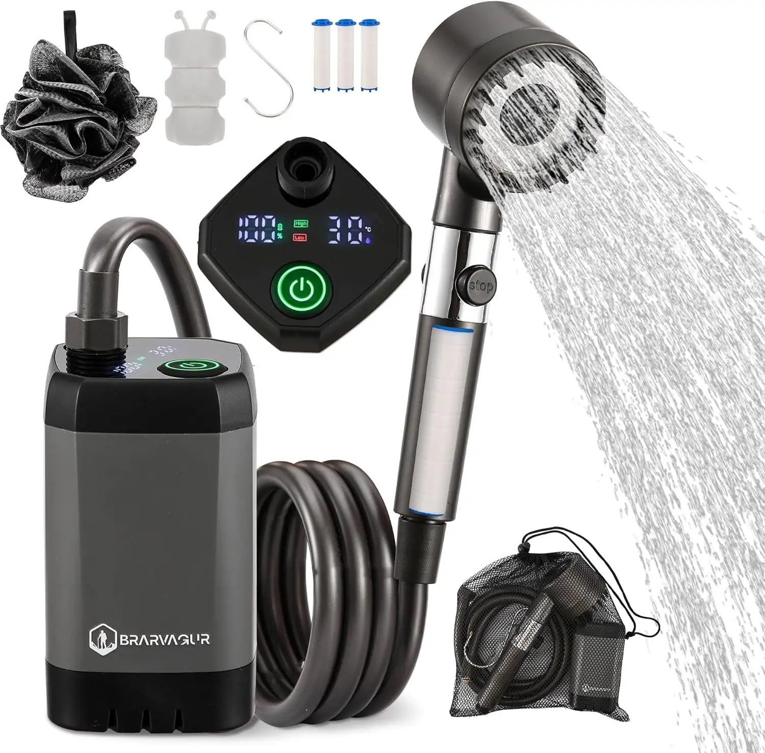 Portable Rechargeable Camping Shower — 6000mAh Hot Shower with 4 Spray Modes