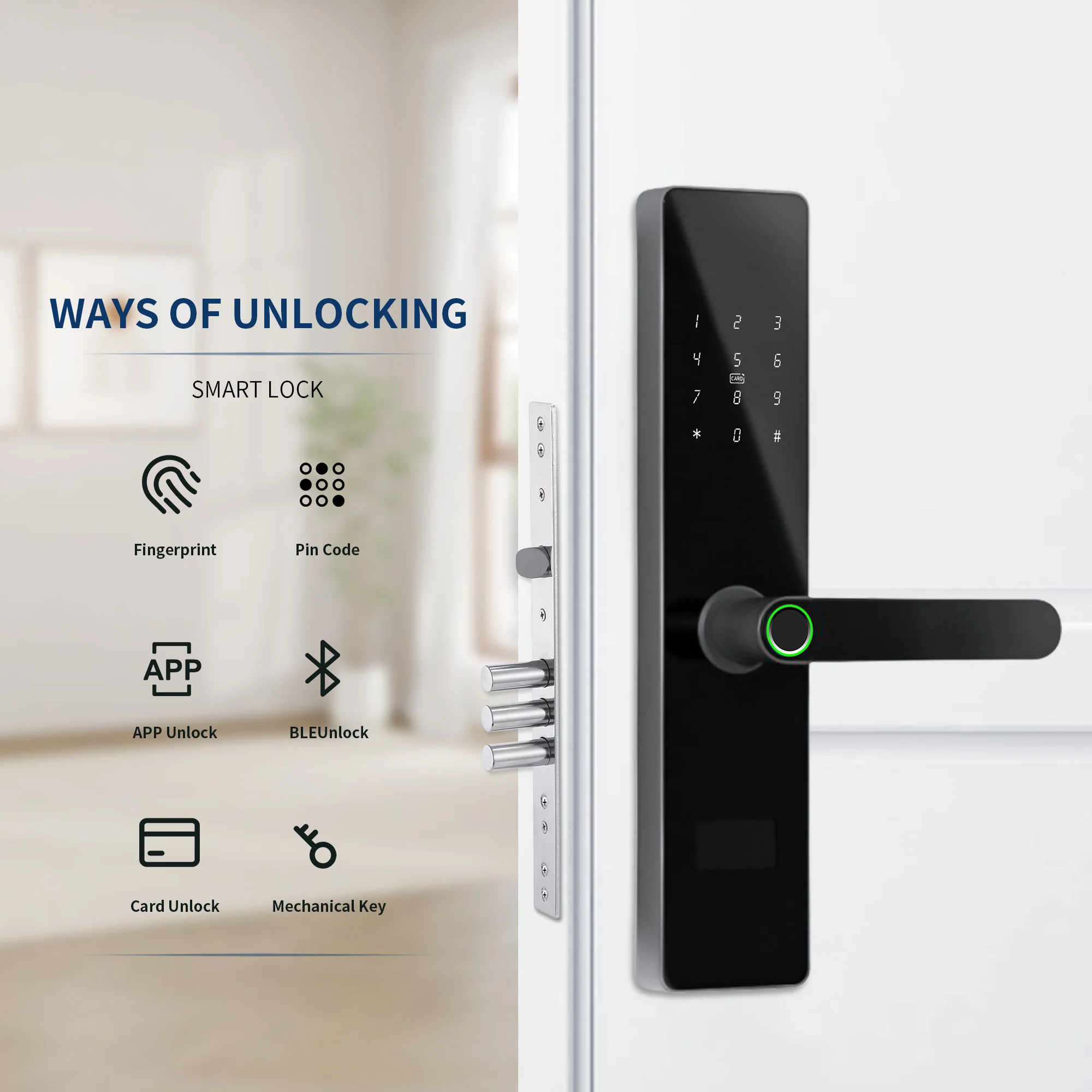 ล็อกอัจฉริยะแบบฝัง (Mortise) รุ่น F17 6085 – ควบคุมผ่านคลาวด์ WiFi และแอป TTlock ปลดล็อกด้วยกุญแจ/บัตร สำหรับประตูโรงแรมวัสดุเหล็ก/อลูมิเนียม/ไม้ แบรนด์ Kaisstar