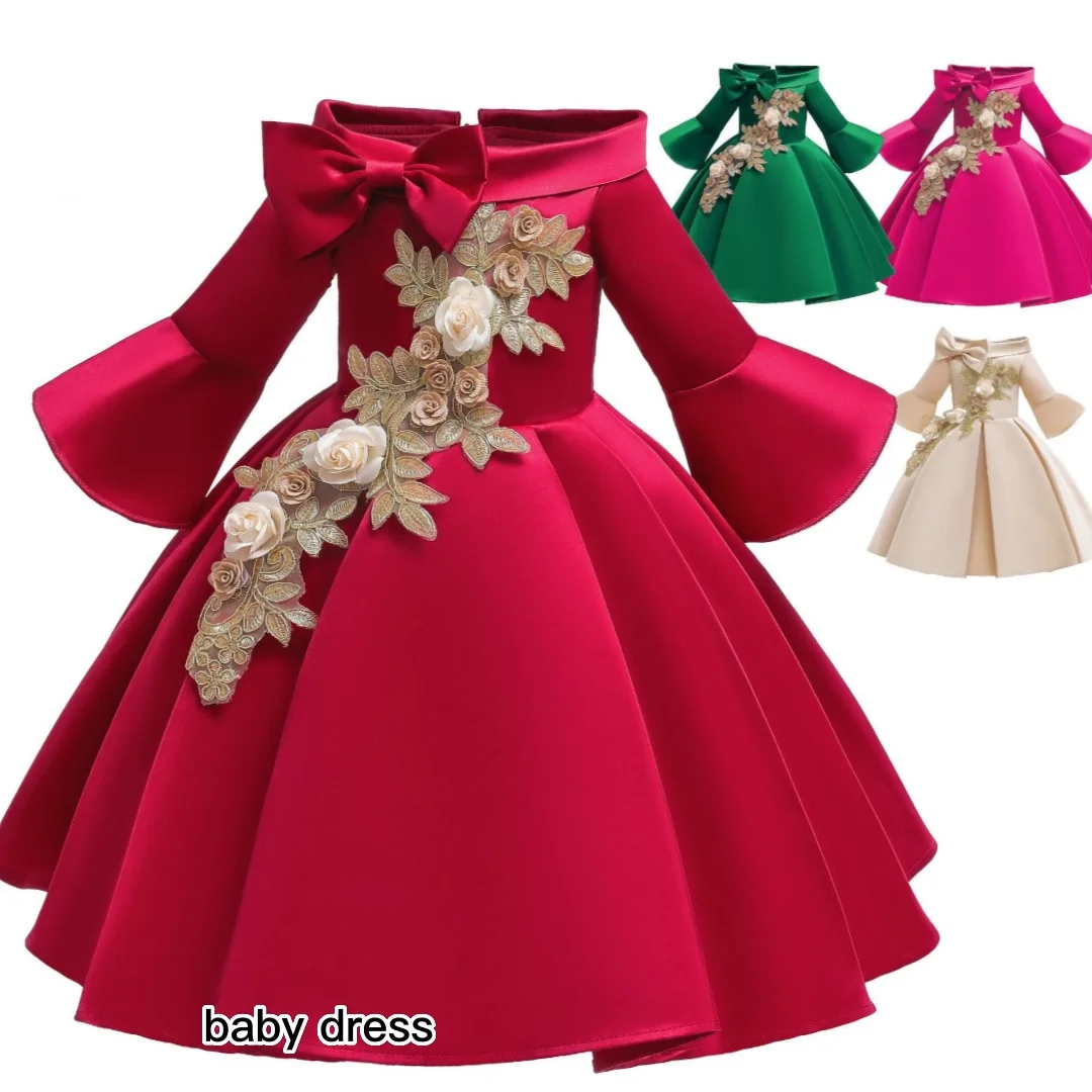 Girls Bell Sleeve Embroidered Print Off Shoulder Princess Dress Half Sleeve Bow Big Swing Dress
