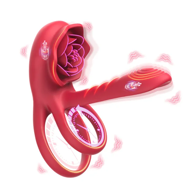 4 IN 1 Internal and External Double Vibration Clitoral Rose Stimulator Sex Toy Vibrating Ring Silicone Stretchy Testicle Ring