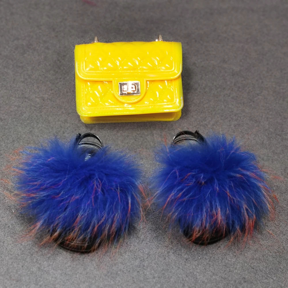 Красочные модные детские тапочки из натурального Лисьего меха, Набор сумок из желе и меха енота, кошельки, сумочки, детские меховые сланцы, оптовая продажа