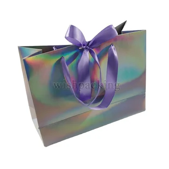 Wholesale retail minimum quantity luxury customized design logo size holographic carrier shopping promotion paper packaging bag