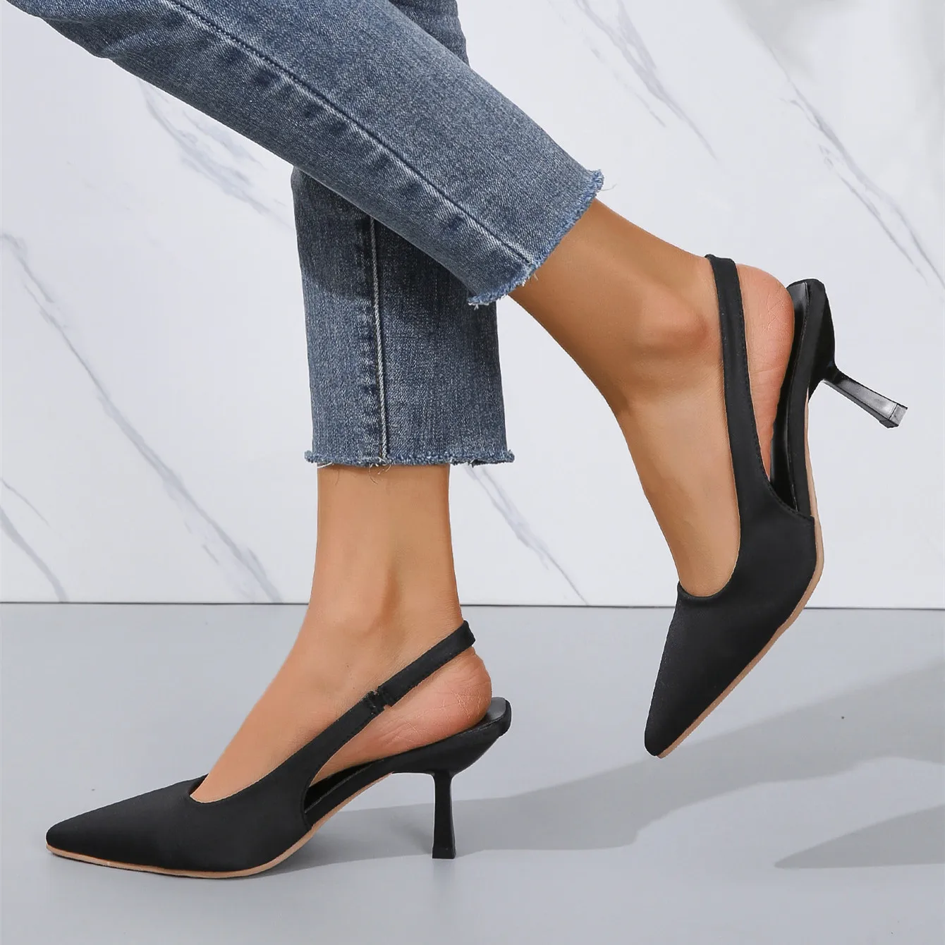 Summer Roman Black Women Sexy Slingback High Pointed Toe Ladies Kitten Heel Pumps - Image 1